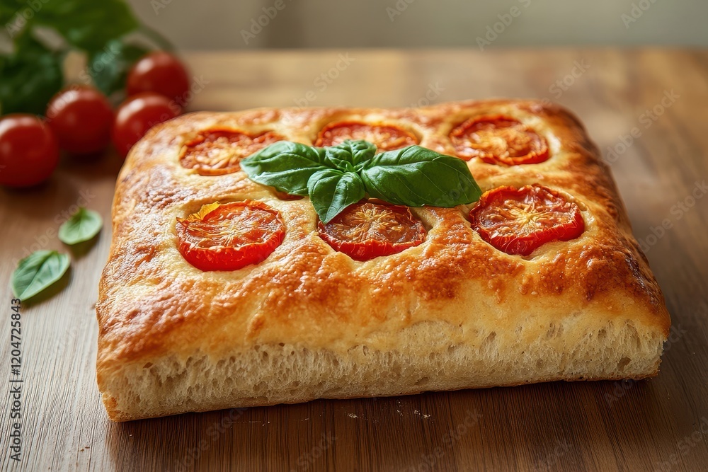Focaccia baked bread with tomatoes and basil on a wooden surface Focaccia baked bread with tomatoes and basil on a wooden surface
