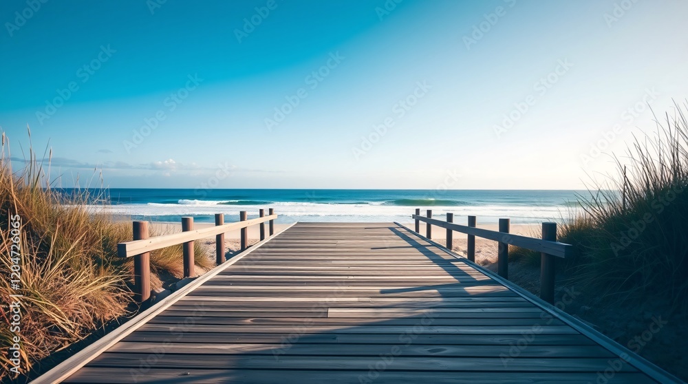 Obraz premium A tranquil wooden boardwalk leads to a serene beach under a vibrant sunrise, evoking feelings of peace and calmness.