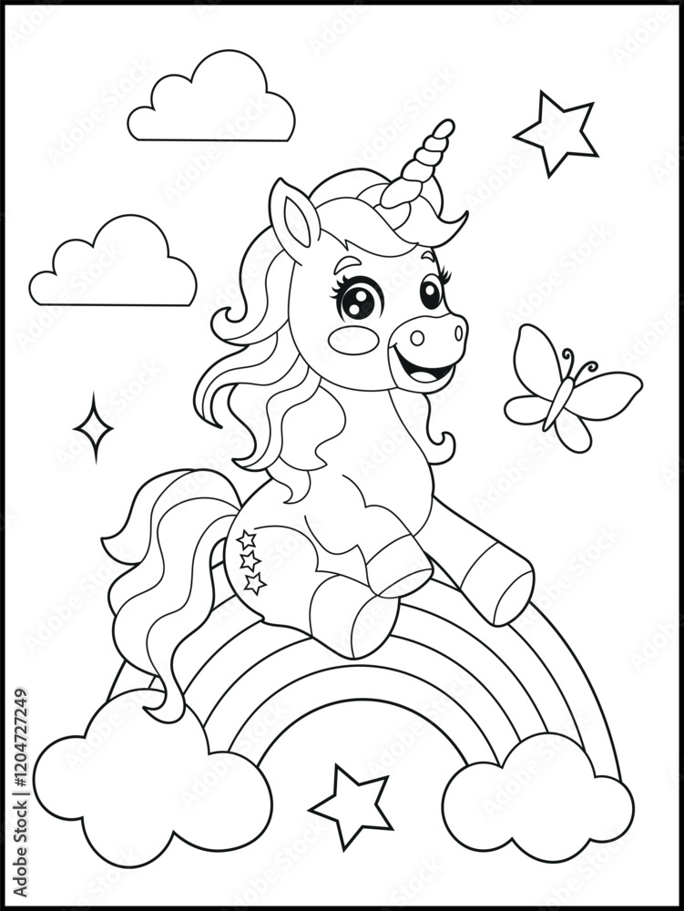 Illustration of a cute baby unicorn cartoon character. Black and white Printable Unicorn coloring page for kids. Illustration of a cute baby unicorn cartoon character. Black and white Printable Unicorn coloring page for kids.