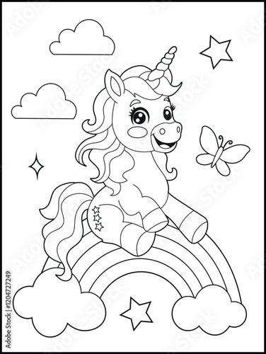 Illustration of a cute baby unicorn cartoon character. Black and white Printable Unicorn coloring page for kids.