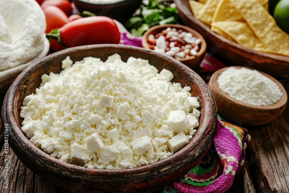 Fresh ingredients with Mexican Cotija cheese in Latin America Fresh ingredients with Mexican Cotija cheese in Latin America