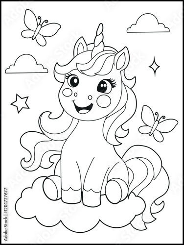 Illustration of a cute baby unicorn cartoon character. Black and white Printable Unicorn coloring page for kids.