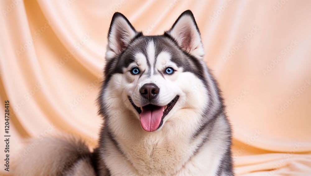 Obraz premium A friendly husky dog radiating joy with striking blue eyes and fur.