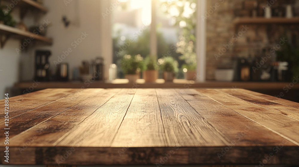 Rustic wooden table illuminated by sunlight in a cozy kitchen setting Rustic wooden table illuminated by sunlight in a cozy kitchen setting