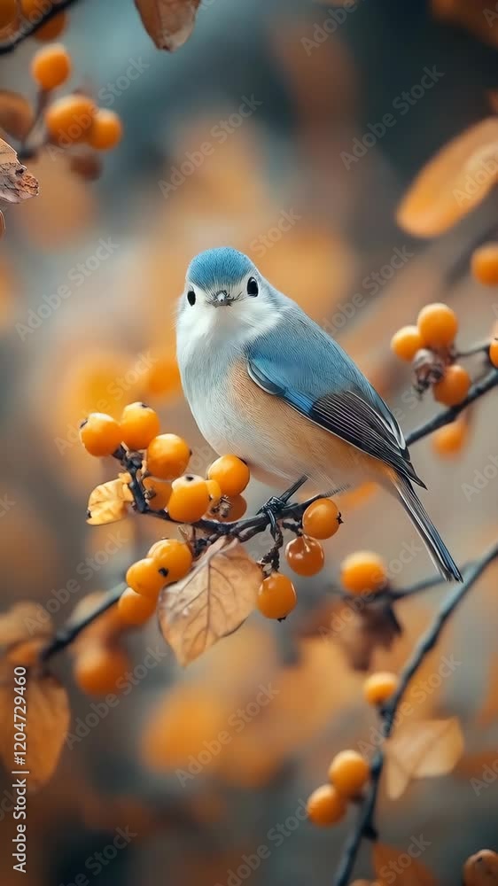 Vertical video beautiful bird sitting on a branch among the flowers Vertical video beautiful bird sitting on a branch among the flowers