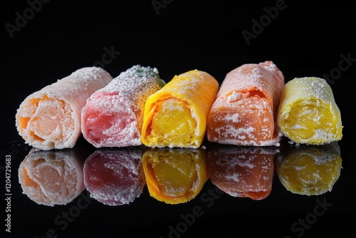 Images of multicolored motti with various fillings against a black backdrop a tempting dessert photo