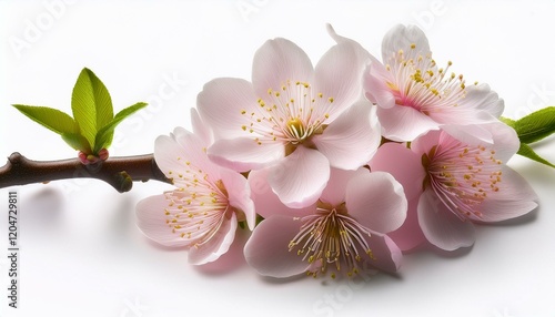 白い背景に包まれた満開の梅の花、春の鮮やかさと優しさが広がるクローズアップ
