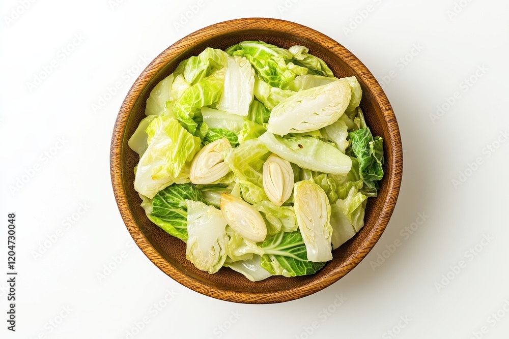 Indonesian dish tumis sawi putih sautéed napa cabbage with garlic presented in a bowl against a white background viewed from above Indonesian dish tumis sawi putih sautéed napa cabbage with garlic presented in a bowl against a white background viewed from above