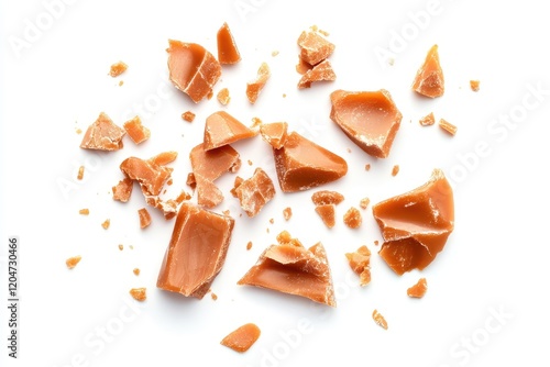 Isolated broken caramel toffee crumbs round milk confections brown sugar candies and small caramel treats on a white background