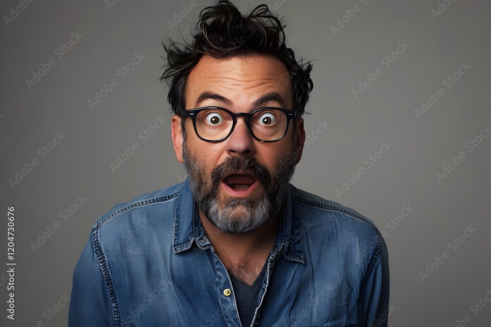 Obraz premium A surprised man with glasses and a beard, wearing a denim shirt against a gray background, has a shocked expression. This is a portrait of an excited male model making a surprised, funny face gesture
