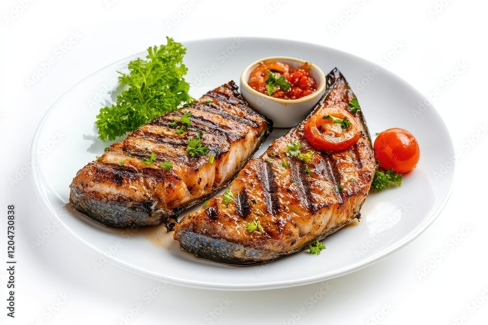 Isolated dish of fried king or spotted mackerel steak on a white background featuring a clipping path Isolated dish of fried king or spotted mackerel steak on a white background featuring a clipping path