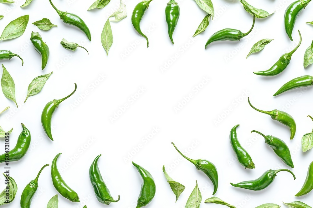 Isolated green jalapenos on white surface overhead view with space for text Isolated green jalapenos on white surface overhead view with space for text
