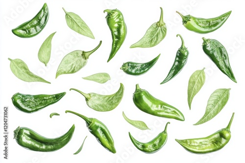 Isolated green jalapeño peppers on a white backdrop Collection with clipping path and depth photo