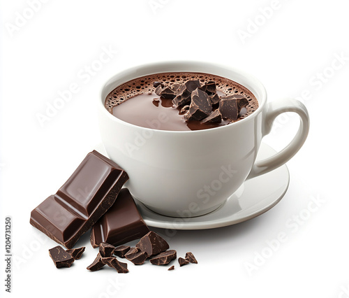 Creamy hot chocolate topped with dark and milk chocolate chunks photo