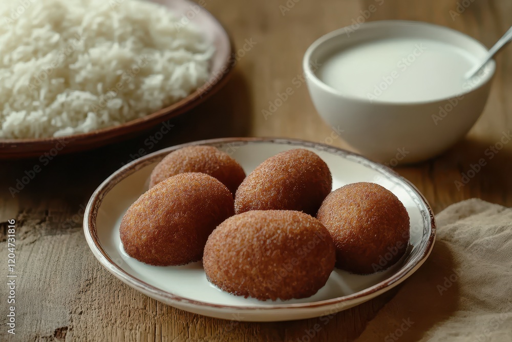 Kibbeh and laban served beside white rice a traditional Syrian dish of fried meatballs in milk Kibbeh and laban served beside white rice a traditional Syrian dish of fried meatballs in milk