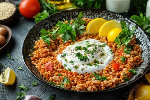 Kibbeh Labanieh a Middle Eastern dish of bulgur and ground meat in yogurt sauce photo