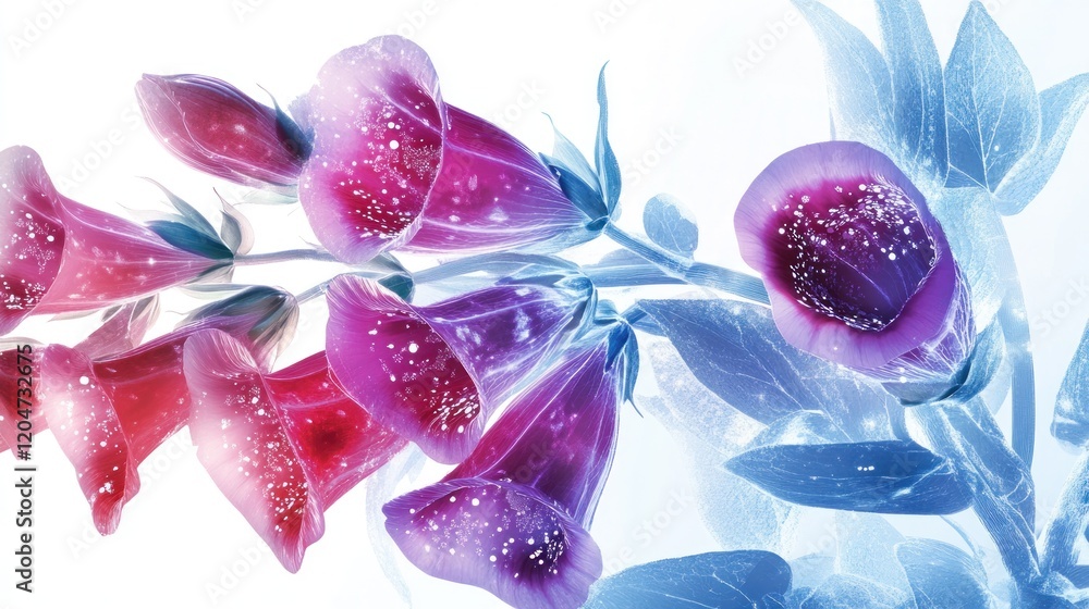 Fototapeta premium Close-up of vibrant pink and purple foxglove flowers with water droplets, against a white background.