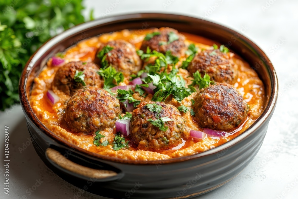 Kofta with yogurt hummus served on a dish side view of Middle Eastern cuisine Kofta with yogurt hummus served on a dish side view of Middle Eastern cuisine