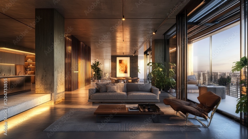 Fototapeta premium Luxurious modern apartment interior with city view at sunset.