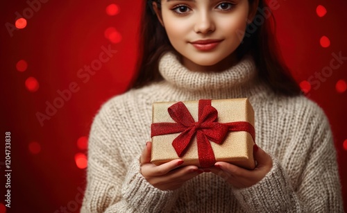 Cozy woman in thick knit sweater holding beautifully wrapped Christmas gift on bright red background photo