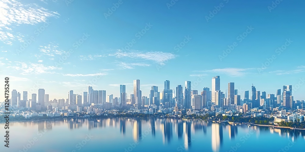 Aerial view wide panoramic view of a sprawling city skyline under a clear blue sky Aerial view wide panoramic view of a sprawling city skyline under a clear blue sky