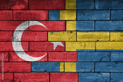 colourful painted big flag of turkey and flag of sweden on a massive old brick wall background. concept photo