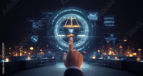 Legal Professional in Futuristic Courtroom with Justice Icons Touching Law and Order Digital Symbols