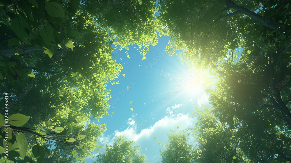Fototapeta premium 木漏れ日が差し込む緑の木々と青空
