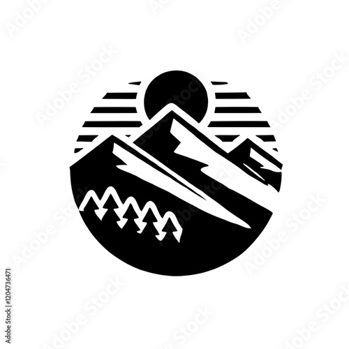 Mountain Sun Circle: A minimalist black and white illustration of a sun setting behind majestic mountains with a forest at the base, enclosed within a circular frame.