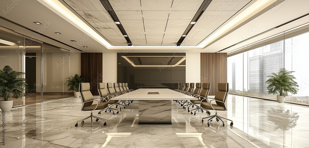 Minimal conference room 3D model with creative ceiling and large table.