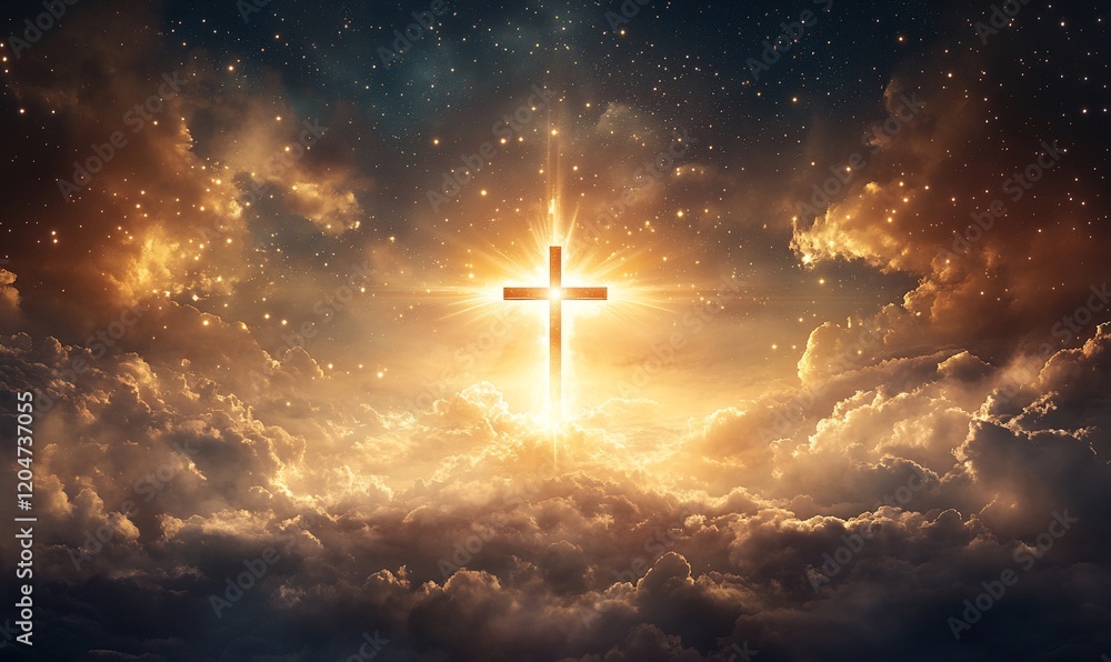 Glowing cross in night sky, clouds, faith Glowing cross in night sky, clouds, faith