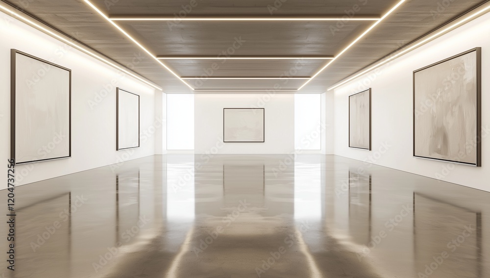 3D gallery space visualization with minimalist design, large installations, and sleek lighting.