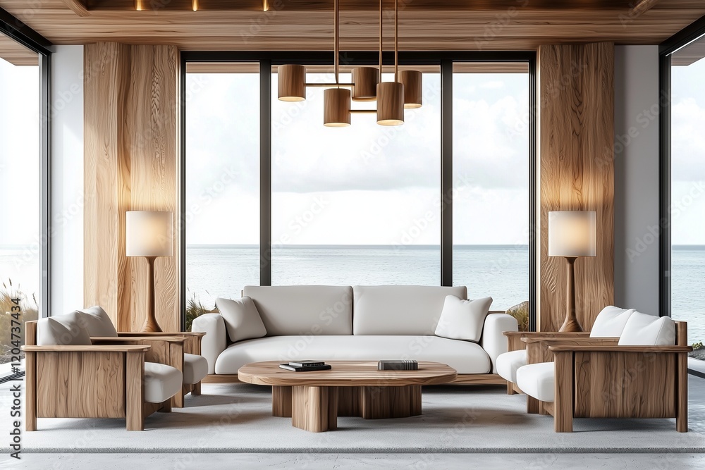 Yacht cabin living room with modern furniture and white wood accents.