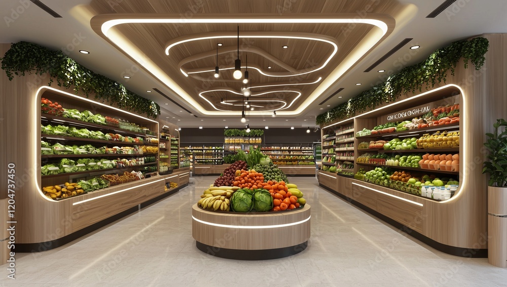Minimal 3D organic grocery with eco-friendly design and ceiling lights.