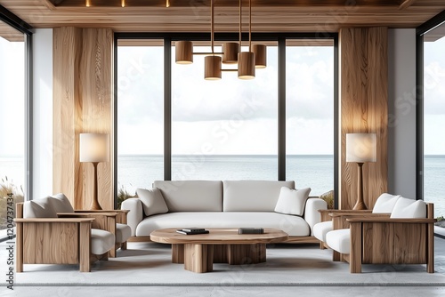 Obraz na płótnie Yacht cabin living room with modern furniture and white wood accents. w salonie