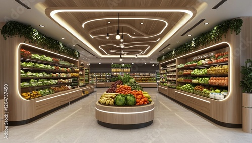 Obraz na płótnie Minimal 3D organic grocery with eco-friendly design and ceiling lights. w salonie