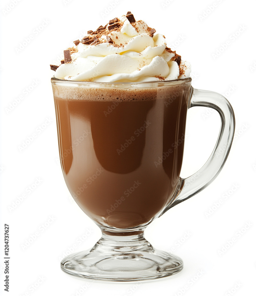 A glass mug filled with hot cocoa and whipped cream A glass mug filled with hot cocoa and whipped cream
