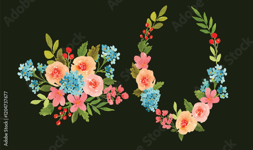 coral rose and blue hydrangea watercolor flower flower