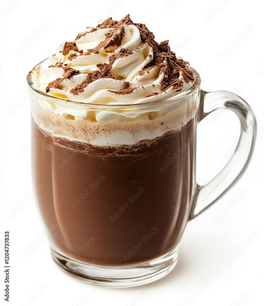 Rich hot cocoa served with whipped cream in a glass mug Rich hot cocoa served with whipped cream in a glass mug