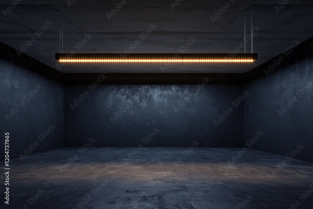 Empty black room, concrete, dark gray walls, LED strip.