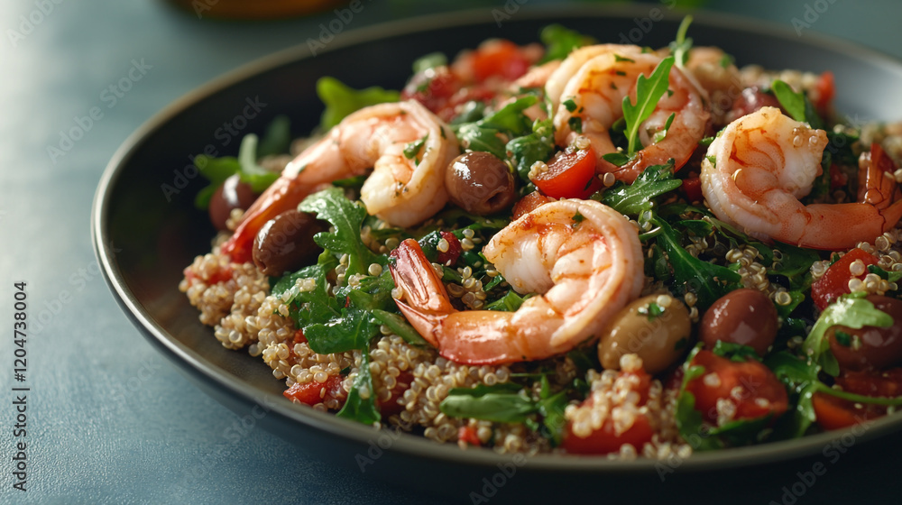 Fresh shrimp and quinoa salad with greens and olives served on a dark plate Fresh shrimp and quinoa salad with greens and olives served on a dark plate