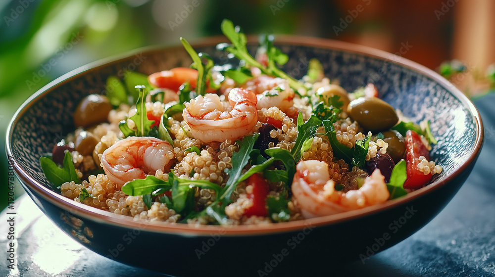 Fresh shrimp quinoa salad with vegetables and herbs in a vibrant bowl Fresh shrimp quinoa salad with vegetables and herbs in a vibrant bowl