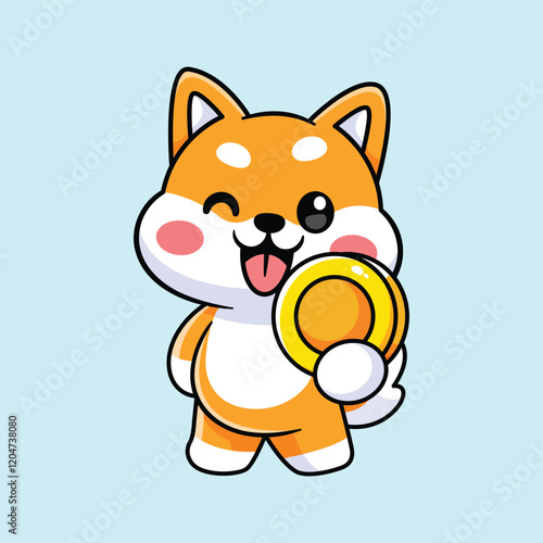 cute shiba dog holding gold coins