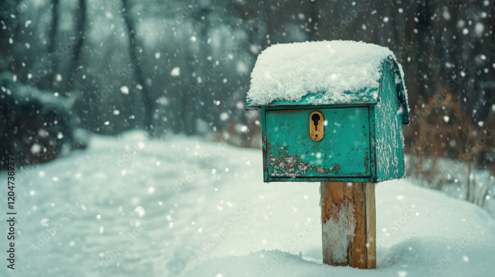 Snow Storm, A rustic mailbox covered in snow stands amidst a serene winter landscape, with soft snowflakes falling gently around it. Snow Storm, A rustic mailbox covered in snow stands amidst a serene winter landscape, with soft snowflakes falling gently around it.