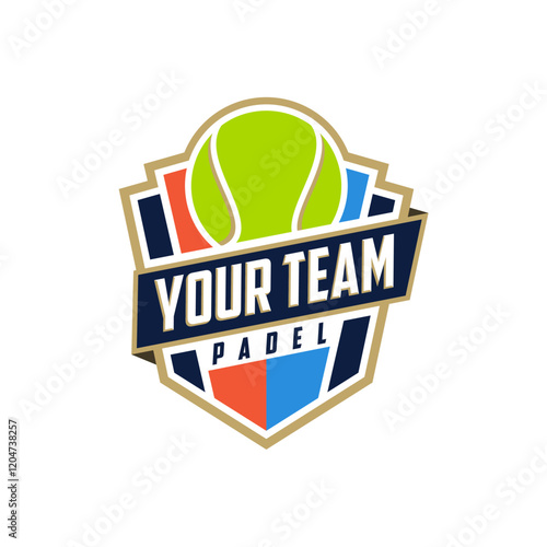Badge emblem Paddle Tennis club logo design, paddle racket and ball vector on dark background