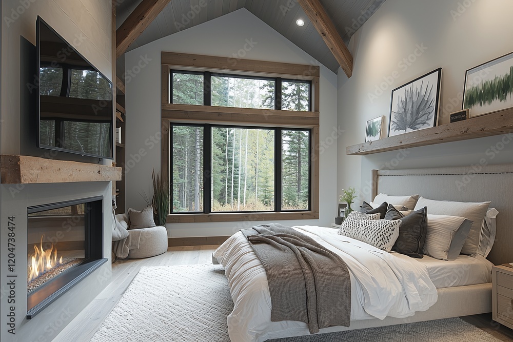 Bedroom in rustic style with oak beams and forest scenery.