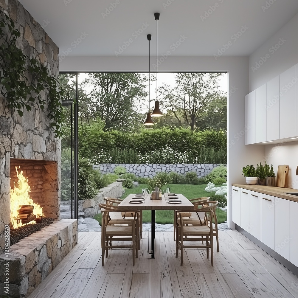 Outdoor kitchen design with dining, fireplace, and garden in 3D.