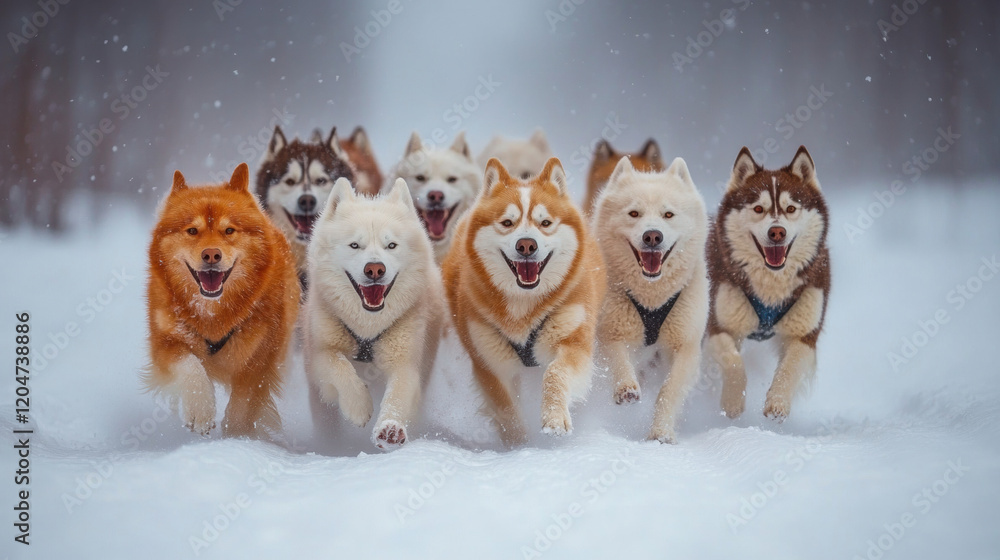 Snow Storm, A pack of energetic dogs running joyfully through the snow, showcasing their playful nature and vibrant colors. Snow Storm, A pack of energetic dogs running joyfully through the snow, showcasing their playful nature and vibrant colors.
