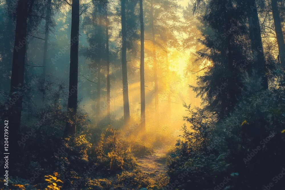 Fototapeta premium Misty Forest at Dawn with Sunlight and Fog