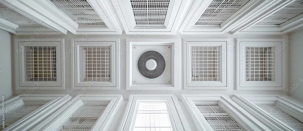 Office ceiling view showing square grilles and central fan.